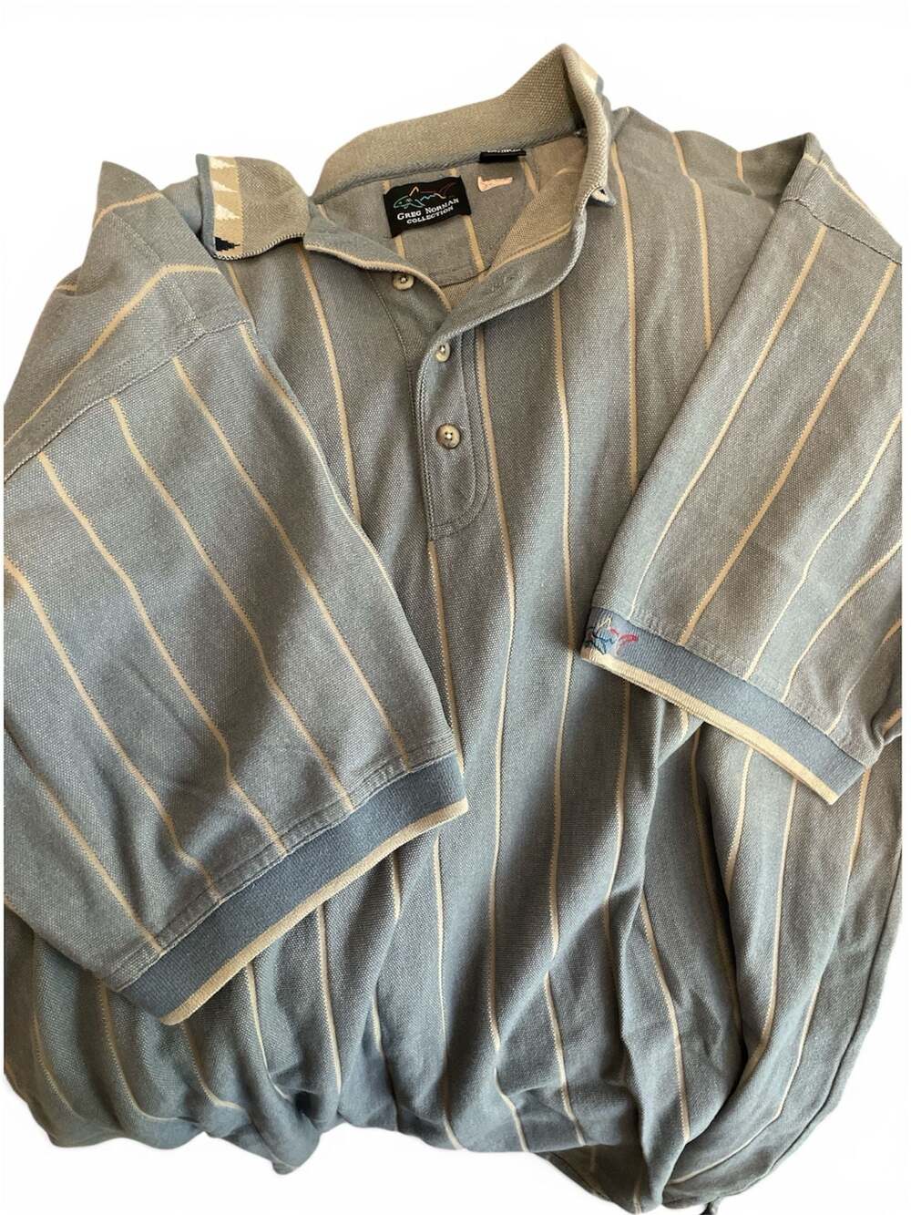 Vintage Greg Norman Collection Blue and Tan Vertical Striped Polo Shirt XXL